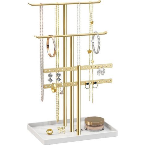 Organisateur de Support à Bijoux à 3 Niveaux - Support Solide pour 80 Pièces de Bijoux - Porte-Bijoux Doré - Porte-Bijoux pour Colliers, Boucles d'oreilles, Bracelets, Bagues - Cadeau pour Femmes (1/4)
