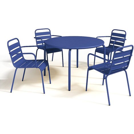 Salle à manger de jardin en métal - une table D.110 cm et 4 fauteuils empilables - Bleu nuit - MIRMANDE de MYLIA