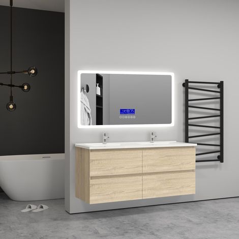 Aica Sanitaire – Meuble double vasque 120x46x52cm – 4 tiroirs à fermeture amortie – 2 vasques en céramique – MDF écologique – Design moderne