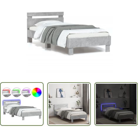 vidaXL LED-Leuchten - Bettgestell mit Kopfteil und LED-Leuchten Betongrau 90x200 cm (1/5)