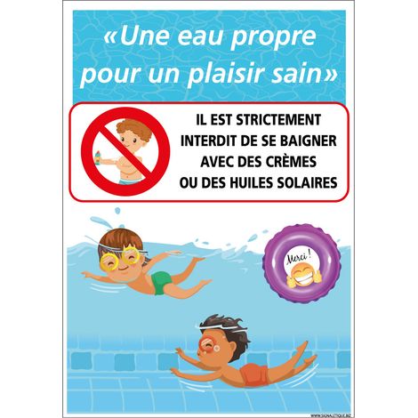 Panneau piscine eau propre pour un plaisir sain. Interdiction de baignade avec crèmes et huiles de bain (SH0522) - Adhésif - 300 x 420 mm