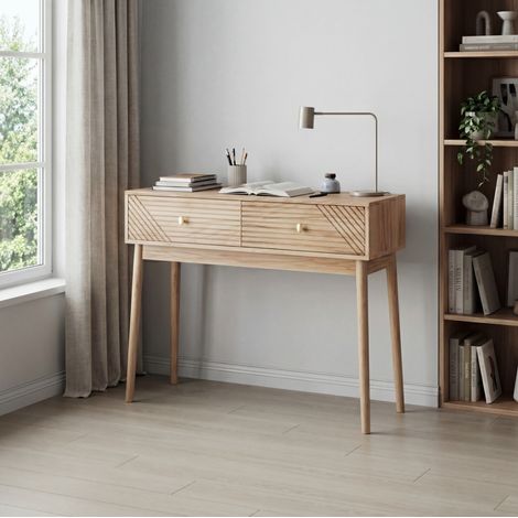 Tischkonsole aus MDF und Spanplatte in Eichenfarbe mit 2 Schubladen, Mid-Century-Stil,100x35x80cm (1/5)