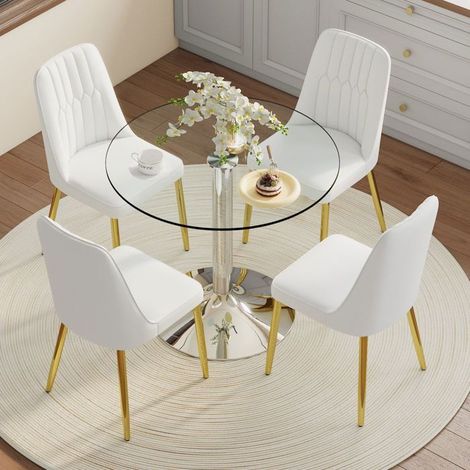 Table et Chaises de Salle à Manger 85 cm 4 Chaises verre de sécurité PU blanc pieds dorés (1/5)