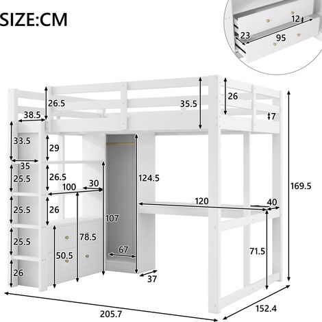 Lit mezzanine 140x200 blanc avec 2 tiroirs, étagères, bureau intégré, éclairage LED et port USB (1/5)