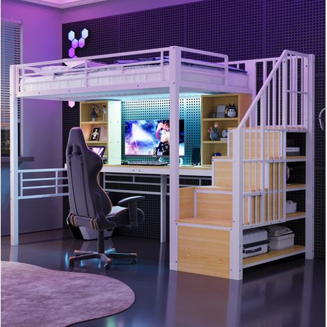 Hochbett 90 x 200 cm mit Schreibtisch, EU-Steckdose, LED und Treppe mit Stauraum, weiß (1/5)