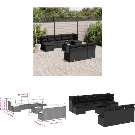 11-tlg. Garten-Sofagarnitur mit Kissen Schwarz Poly Rattan - Gartenmöbel - PE-Rattan Möbel - Outdoor Sofa Set - Esstischgarnitur - Lounge Set - Home & Living (1/3)