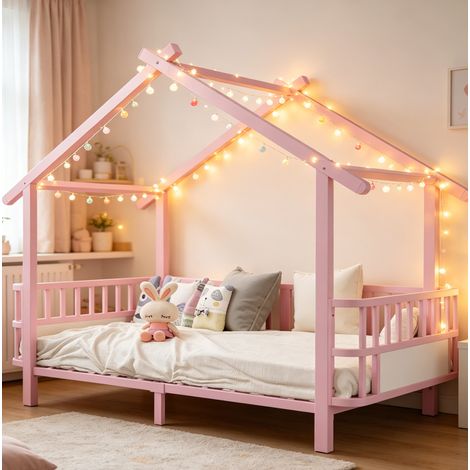 Letto per bambini 90x200 cm rosa in metallo con struttura a casetta e sponde di sicurezza (1/5)