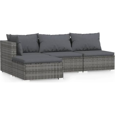 Salon de jardin meuble d'extérieur ensemble de mobilier 4 pièces avec coussins gris résine tressée (1/5)