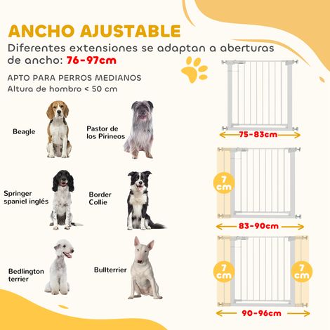 Barrière de sécurité extensible pour chiens. adaptée aux escaliers et aux portes (76-97 cm). avec 2 extensions de 7 cm. fermeture automatique et cadre en métal. hauteur 76 cm. blanche. (1/5)