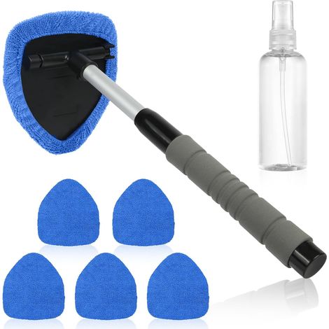 Kit de nettoyage de pare-brise 6 pièces, comprenant 5 lingettes microfibres réutilisables, 1 flacon pulvérisateur, un manche extensible et un essuie-glace intérieur (1/5)