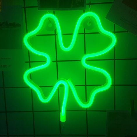 Décorations lumineuses LED néon vertes en forme de trèfle pour la Saint-Patrick : enseignes lumineuses néon irlandaises en forme de trèfle pour fenêtres et murs. (1/5)