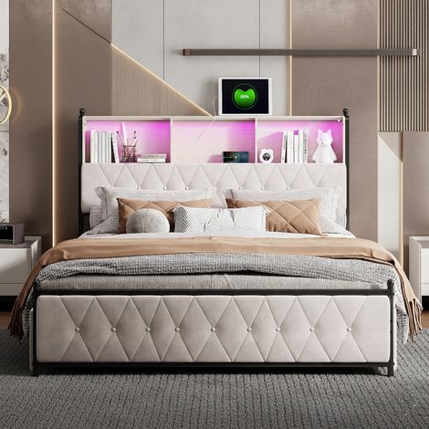 Lit 160x200 avec sommier LED et USB, lit double avec sommier à lattes et 4 tiroirs, tete de lits rembourré avec rangement, lits 2 places pour adultes, velours, beige (1/5)