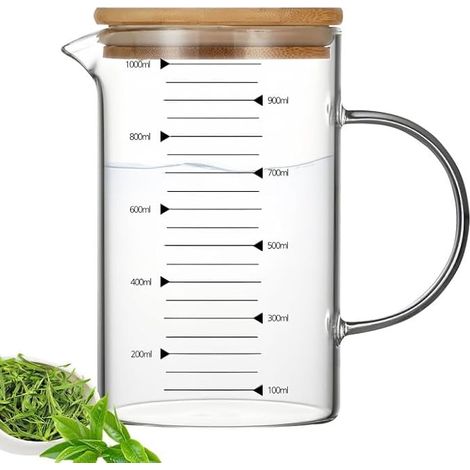 Verre doseur avec couvercle en bambou : 1 litre , verre doseur transparent, verre borosilicate, paroi épaisse, mesures claires pour jus, accessoires (1/5)