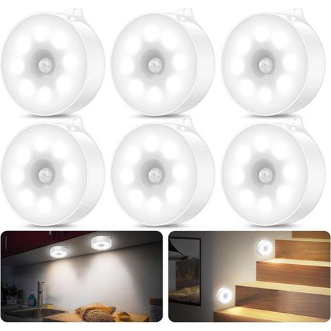 Juego de 6 luces nocturnas LED inalámbricas recargables – ABS, 3 modos de iluminación, luz blanca fría, ideal para armarios, habitaciones infantiles, escaleras y cocinas.