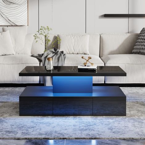 Table basse carrée noire brillante , table de salon avec éclairage LED, étagère ouvert et 1 tiroir coulissant, pour salon et bureau, 100x50x39 cm