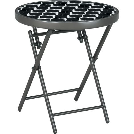 Table basse pliante table d'appoint pliante plateau en verre trempé motifs noirs et blancs en métal Ø 45 x 50 cm noir (1/5)