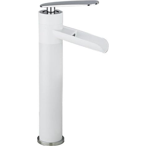 High-rise single-hole ceramic basin tap in white and silver – hot/cold water mixer tap for bathroom