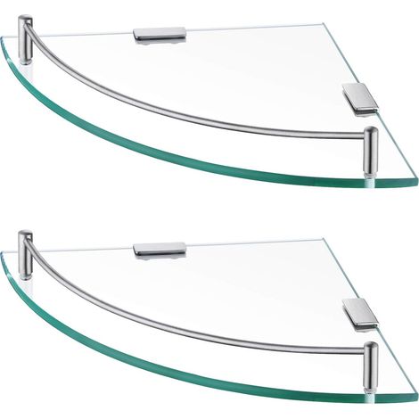 Étagère d'angle en verre pour salle de bain, lot de 2, étagère en verre trempé avec rail, acier inoxydable SUS 304, fixation murale, finition brossée (1/5)