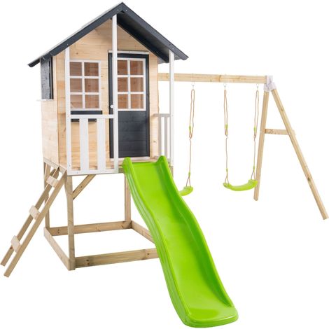 Maisonnette modulable sur pilotis avec balcon, glissière et deux balançoires JACINTHES en bois FSC®