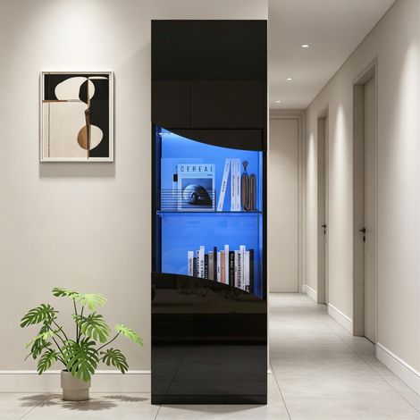 Vitrina MEUBLIV 35x50x165 cm negra brillante – 4 niveles, vidrio templado y LED (1/5)