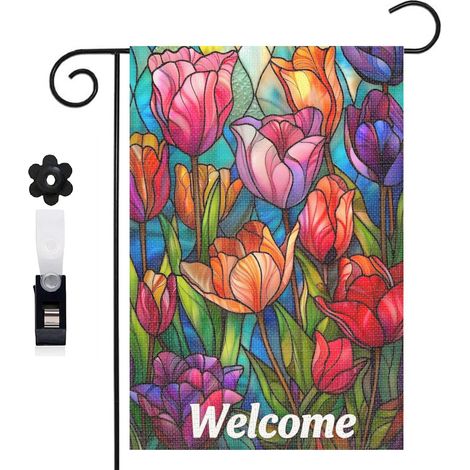 Drapeau vertical Welcome et tulipes violettes et rouges 30 x 45 cm décoration jardin d'été (1/5)