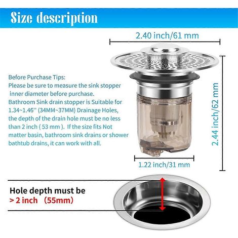 Bouchon et crépine de lavabo 2 en 1 pour salle de bain - Retient les cheveux et les débris - Convient aux trous de drainage de 34 à 37 mm (1,34 à 1,46 pouce) - FFY (1/4)