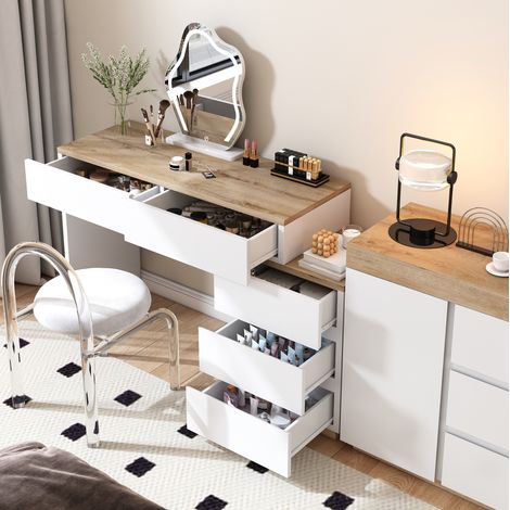 Tocador con 5 cajones de aglomerado blanco y roble OKMYHOME (1/5)