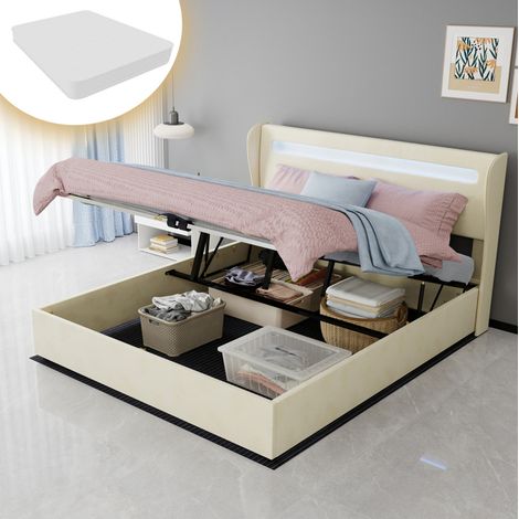 Cama tapizada moderna beige 160x200 cm con cabecero regulable y LED, estructura metálica