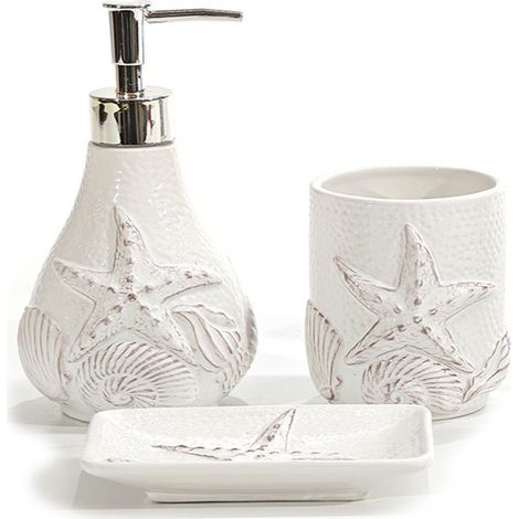 Set Accessori Bagno lavabo 3 Pezzi in Ceramica Bianca con Decorazioni Marine Conchiglie e Stella Marina  Dispenser Sapone Porta Spazzolini e Porta Saponetta Design Elegante Mare per Arredo Casa e Hote (1/3)