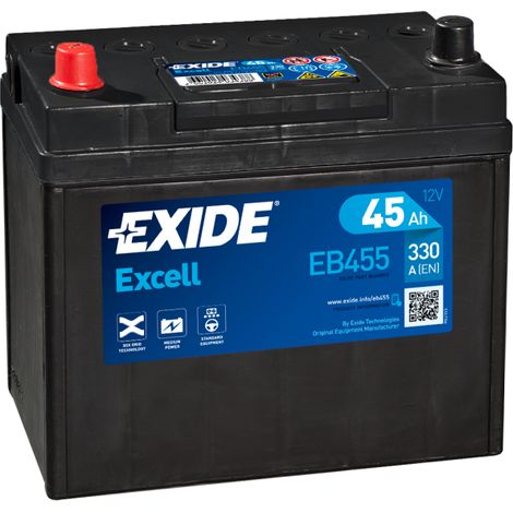 BATTERIE EXIDE EXCELL B24L 12V 45AH 330A 237X127X227 +G EB455 (1/3)
