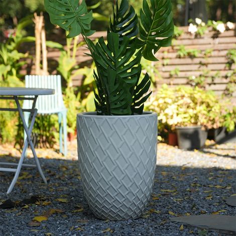 Pot de Fleurs Géant en Céramique Fait Main - 42x42x54cm - Grand Pot de Jardin Respirant Motif Losanges Géométriques - Blanc Brillant (1/5)