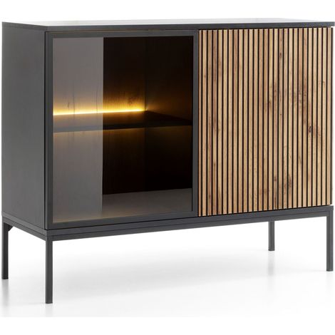 Sideboard 104 cm Haller - Kommode mit 2 Türen - LED-Beleuchtung, Holzbeinen, Lamellen - Loft Stil (Wotan Eiche / Schwarz) (1/5)