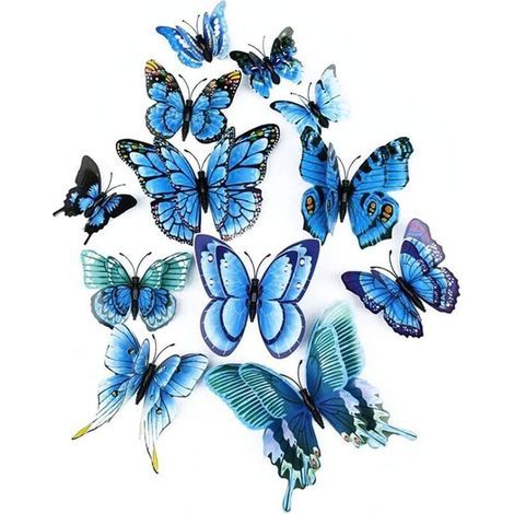 Künstlicher 3D-Doppelflügel-Schmetterling, Hochzeits-/Party-/Heimdekoration, Bastel-Schmetterlingssimulation, gemischter Schmetterlings-Wandaufkleber, 6 Farben, 12 Stück (Blau) (1/5)