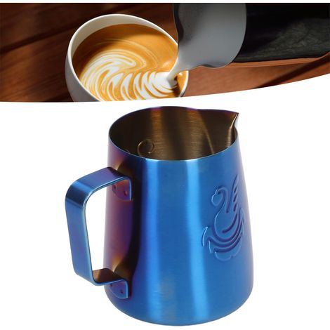 Tasse à latte art de 380 ml avec anse repliable et finition brillante, en acier inoxydable 304, bec verseur pointu et design en forme de cygne, bleue. (1/5)