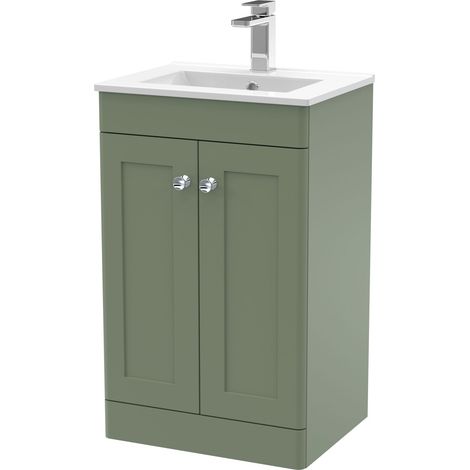 Swynnerton Traditional 2 Door Floor Standing Vanity Unit with Minimalist Basin, Satin Green, 500mm