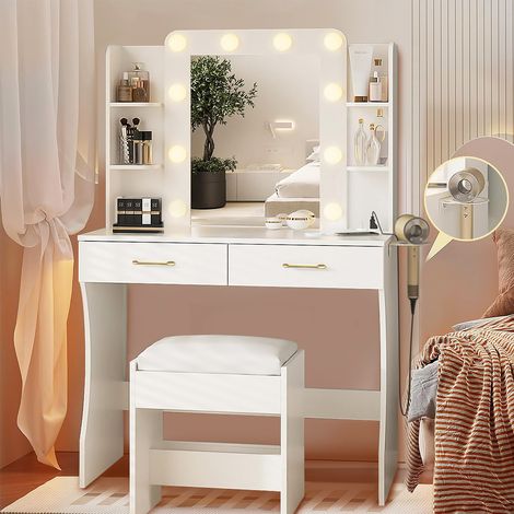 Coiffeuse avec 10 globes lumineux LED, 3 couleurs, coiffeuse avec prise et grand miroir, tabouret et support pour sèche-cheveux, coiffeuse à tiroirs multiples, blanc 85x40x140 cm (1/5)