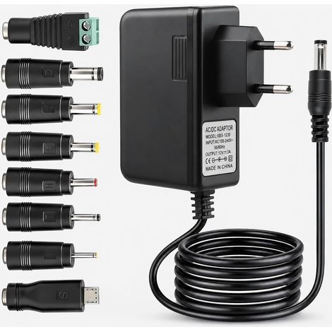 Adaptateur Secteur 12V 3A 36W AC/DC 100-240V avec 8 Embouts Universels Alimentation stable, connecteur 5,5 x 2,1 mm, pour ruban LED, routeur, caméra CCTV, Box TV, moniteur et écran LCD (1/5)