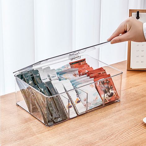 Scatola porta bustine di tè con coperchio, scomparti divisi per conservare capsule di caffè e condimenti, contenitore da appoggio per la cucina. (1/4)