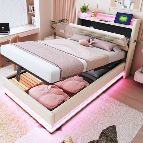 lit chambre adulte rangement hydraulique 90x200 beige OKMYHOME (1/5)