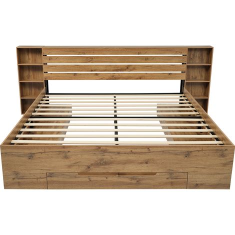 Lit double en bois massif 180×200, lit de rangement avec éclairage LED et USB C, tête de lit de rangement et tiroirs, cadre de lit avec sommier à lattes en bois, chêne (sans matelas) (1/5)