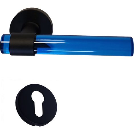 Maniglie per porte in cristallo di plexiglass blu “JOY” con gambe in acciaio inox nero. + 2 rose a cilindro
