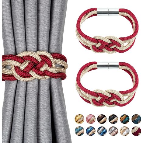 Lot de 2 attaches de rideaux magnétiques de style nordique, décoratives, en cordon tressé, pour rideaux de maison et de bureau (rouge vin et beige) (1/5)