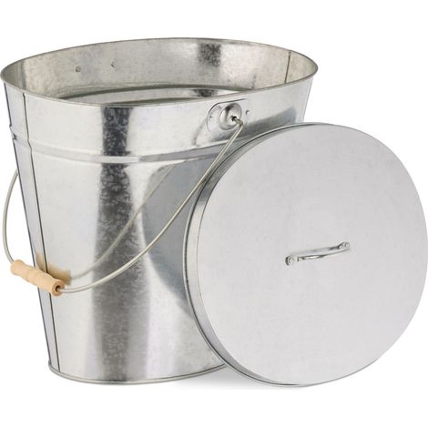 Relaxdays Ash Bucket, with Lid, 22 L, Ash Bin, Wooden Handle, for Coal & Ash, Fireplace, Stove, Galvanised Steel, Silver (1/5)