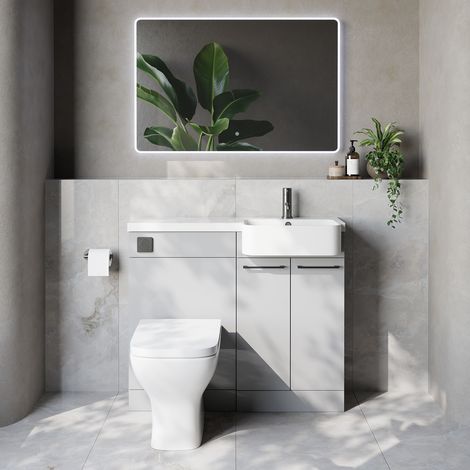 Napoli 250 Gloss Grey Pearl 1000mm 2 Door Vanity Unit Toilet Suite with Right Hand Round Rico Semi Recessed Basin - 1000mm - Gunmetal Grey 160mm HandleWith Kingston Toilet Pan and Seat