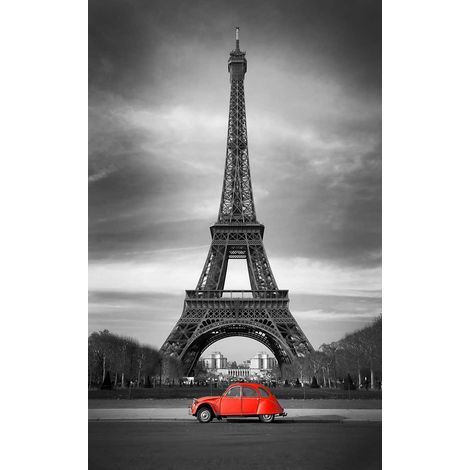 Tableau Tour Eiffel et 2CV rouge, noir et blanc 50x80 cm – Impression UVgel – Toile intissé coton/polyester – Rendu mat premium – Hxadeco (1/5)