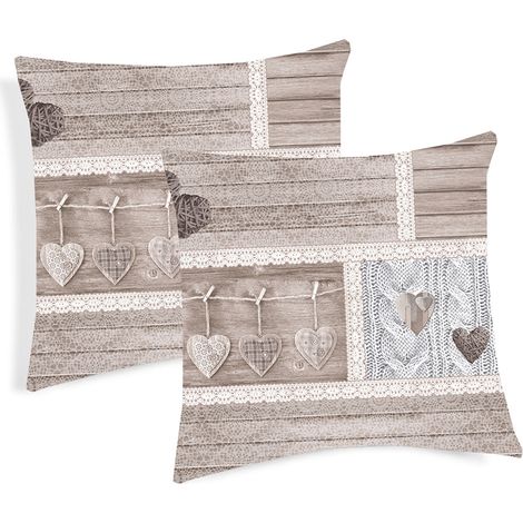 Coppia Cuscini Arredo Imbottiti 40x40 Disegno Shabby Love Colore Beige