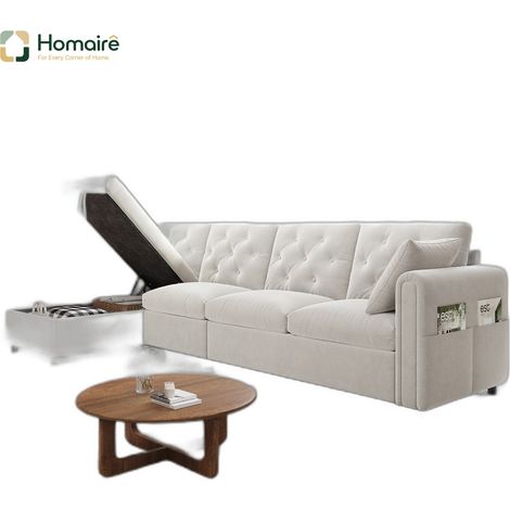 Canapé en velours beige avec rangement et accoudoirs 281 x 132 x 86 cm HOMAIRE (1/5)