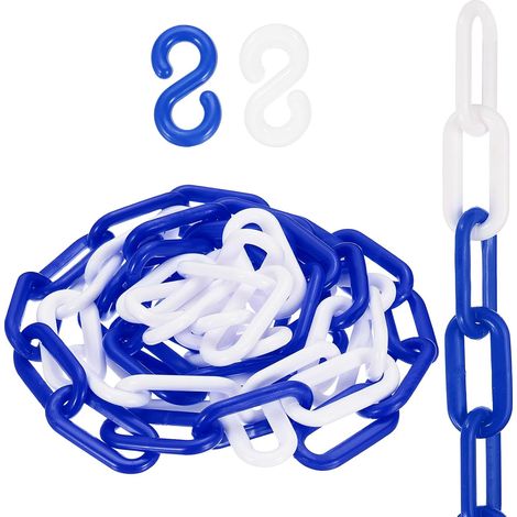 Lot de 2 chaînes en plastique (25 mm, 2 m, bleu-blanc) (2 lots), barrière de chaîne de sécurité en plastique avec 2 crochets, convient pour contrôle de la foule, stationnement, allée (1/5)