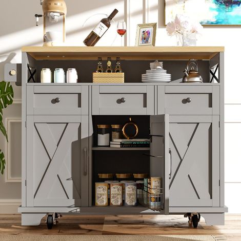Îlot cuisine 118x43-80x98cm , meuble gris avec plateau bois, roulettes et rangements modulables (1/5)