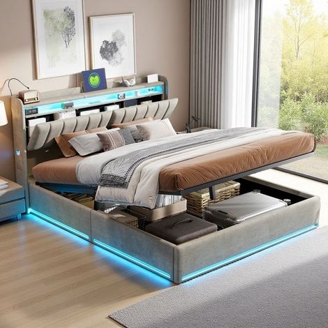 Lit coffre - TANANT - Girs - Velours gris 160x200 - Tête de lit rangement & LED - Coffre hydraulique (1/5)